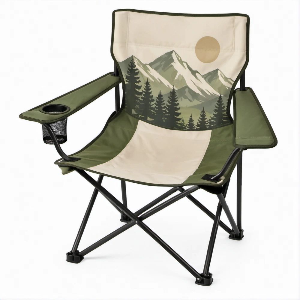 Faltbarer Campingstuhl Olivgrün/Creme mit Bergmotiv, Getränkehalter und Netzfach, 80 x 50 x 90 cm
