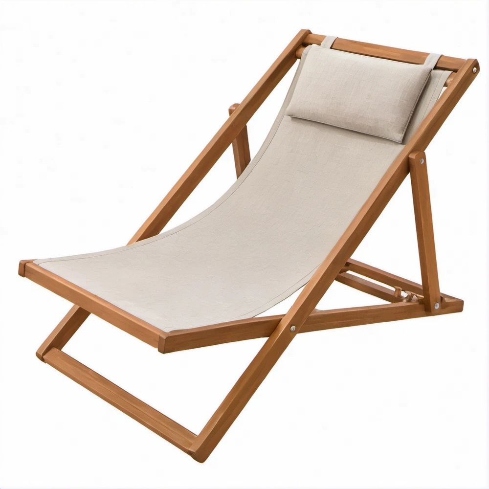 Geschwungener klappbarer Liegestuhl aus Akazienholz mit Baumwoll-Canvas und Kopfkissen, Naturbraun/Beige, 120 x 60 x 80 cm