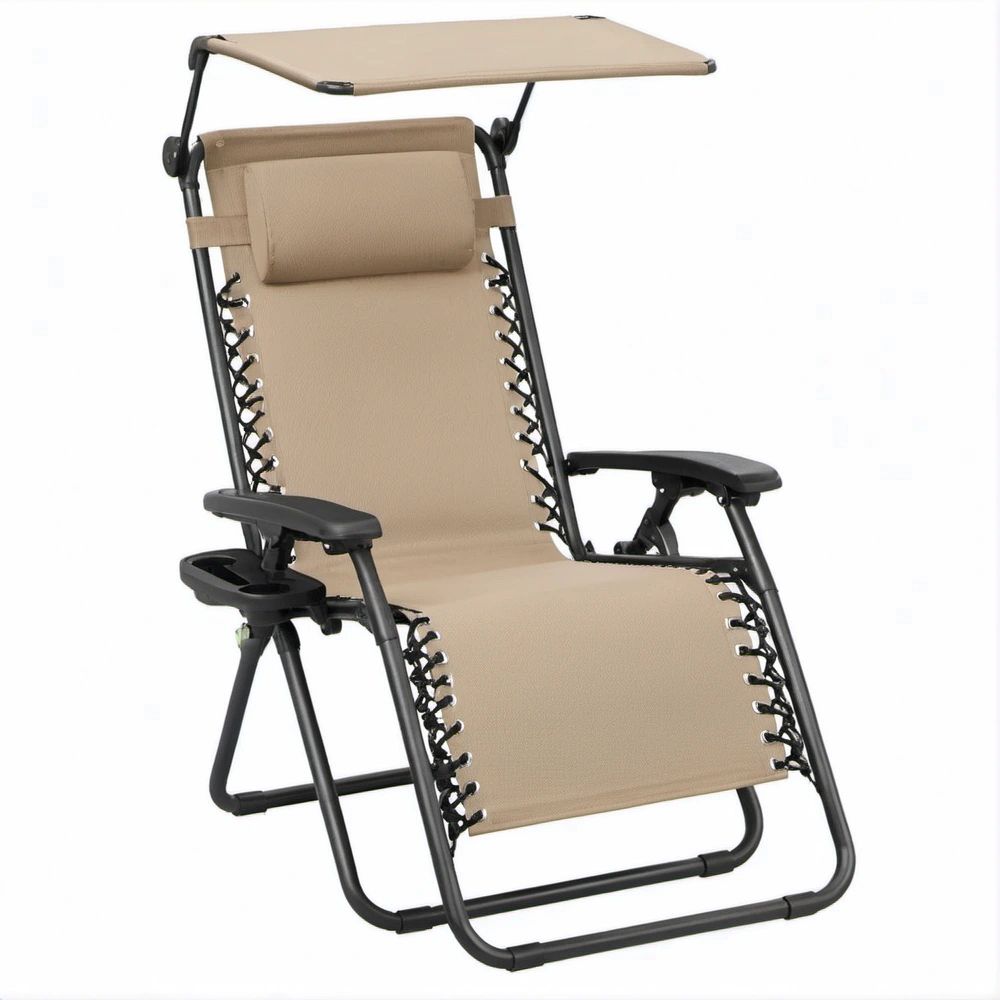 Zusammenklappbarer Relaxsessel mit Sonnendach, Kopfkissen und Getränkehalter, Beige/Schwarz, 165 x 65 x 110 cm