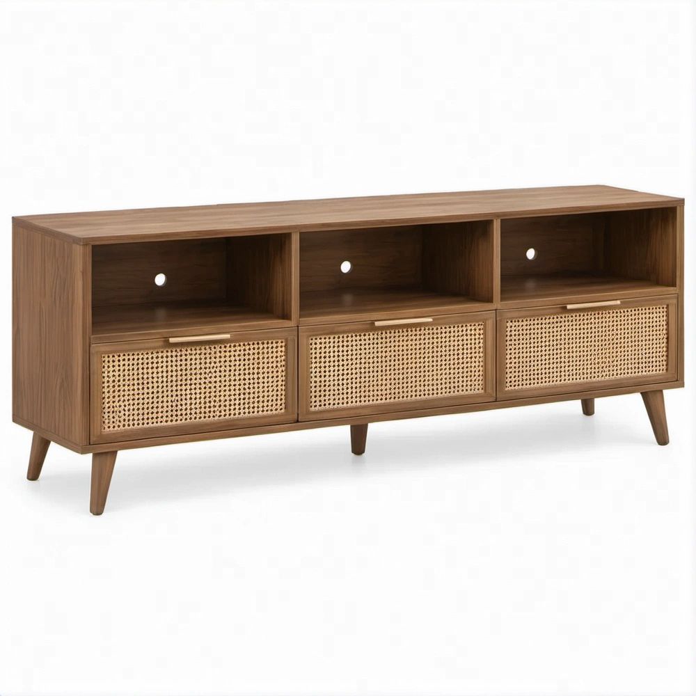 TV-Lowboard aus MDF mit Walnussfurnier und Rattan, 150 x 40 x 60 cm