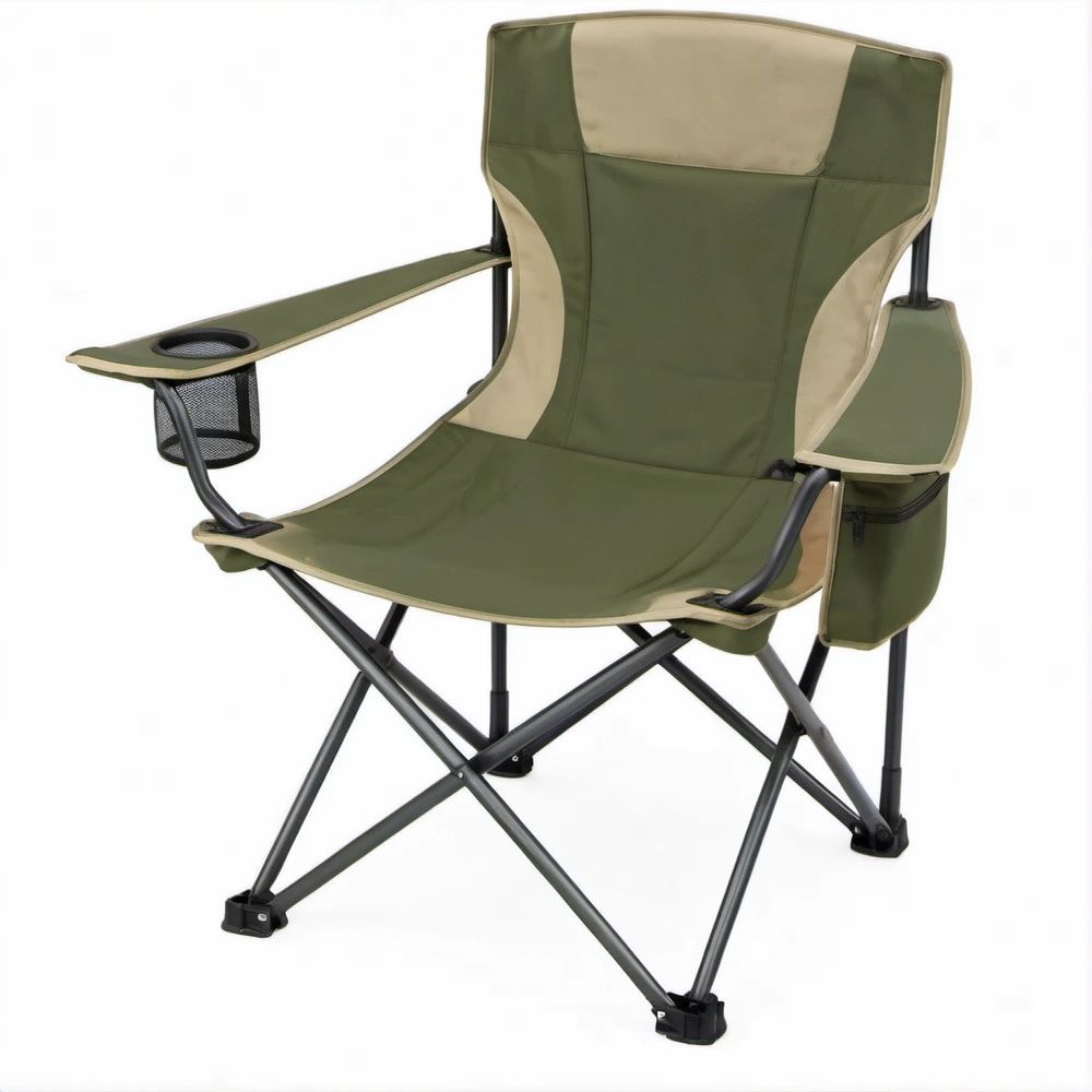 Klappbarer Campingstuhl mit Armlehnen, Getränkehalter und Seitentasche, Grün/Beige, 88 × 58 × 92 cm