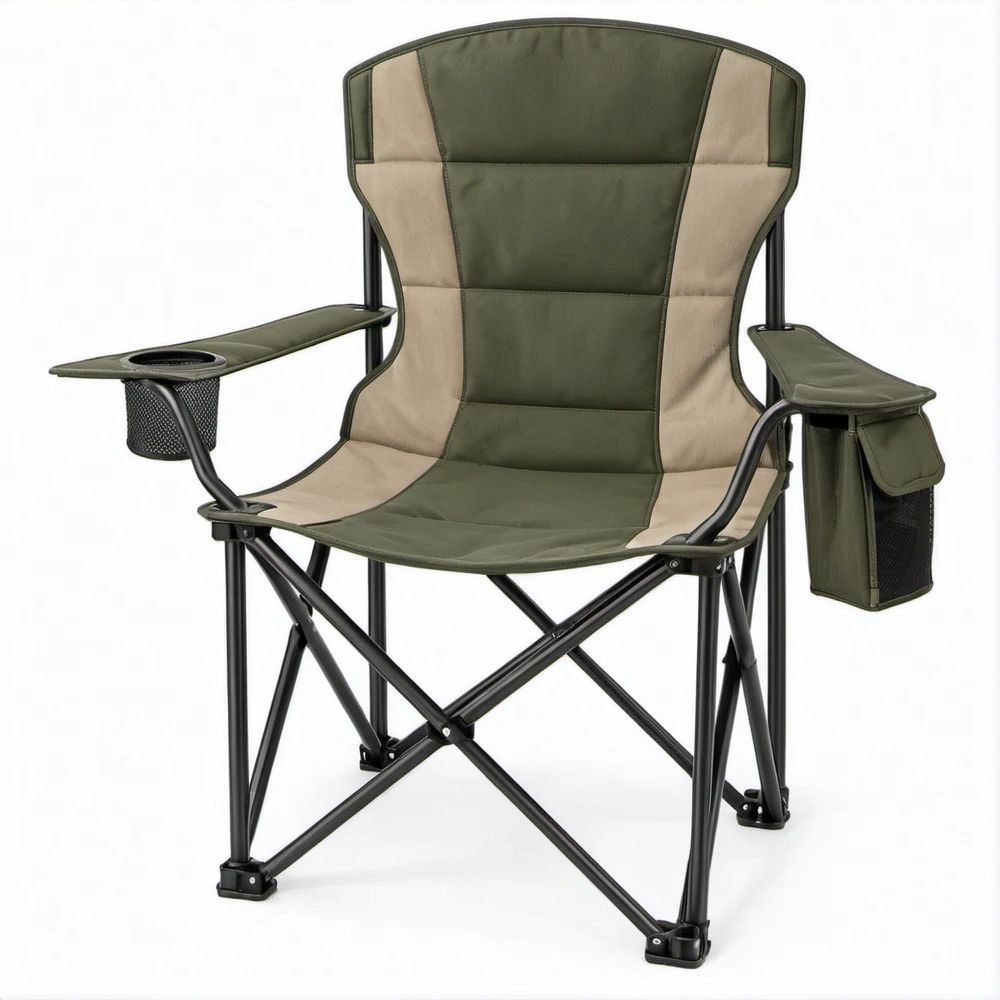 Klappstuhl mit hoher Rückenlehne, Getränkehalter und Seitentasche, Grün/Beige/Schwarz, 90 × 60 × 110 cm