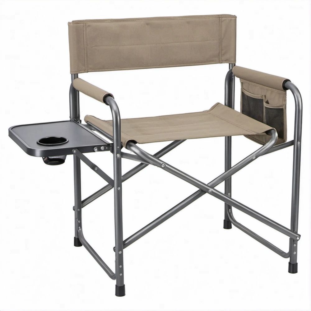 Klappbarer Campingstuhl mit Seitentisch, Getränkehalter und Tasche, Taupe/Anthrazit, 80 x 50 x 88 cm