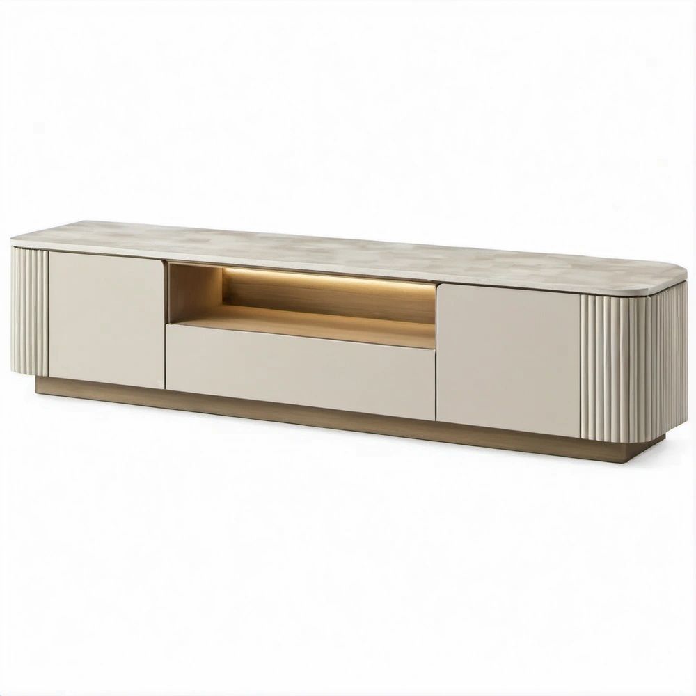 TV-Lowboard in Creme, Hellgrau und Gold, MDF und Sinterstein, 200 x 40 x 55 cm